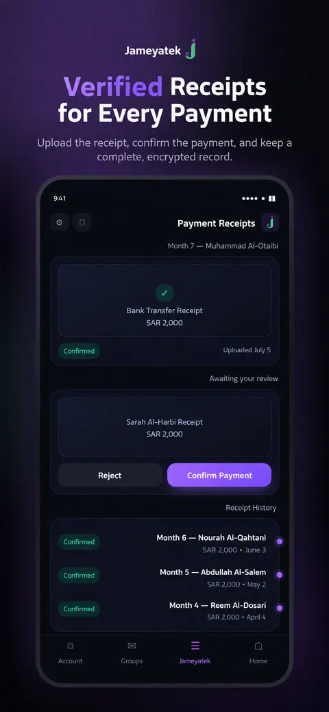 Verified receipts for every payment, uploaded as optional proof.