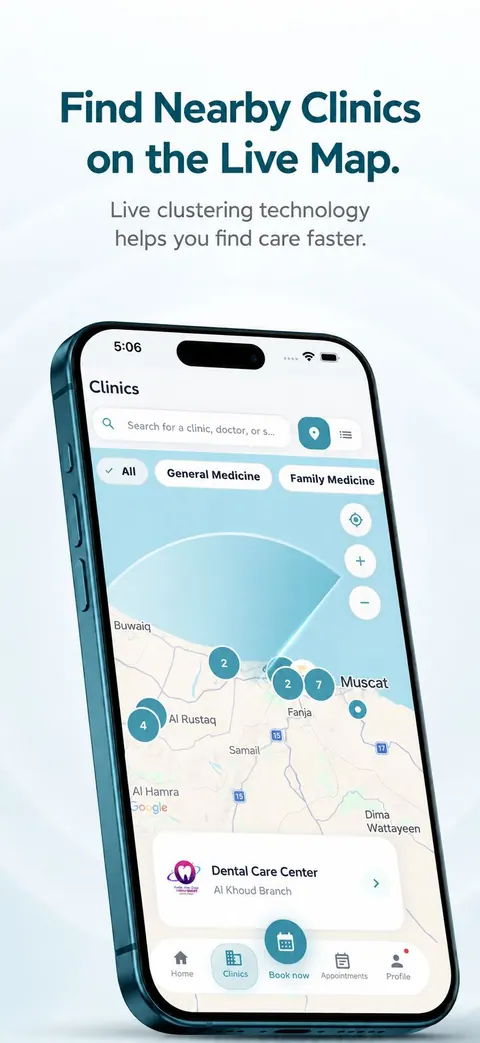 Find nearby clinics on a live map, filtered by specialty.