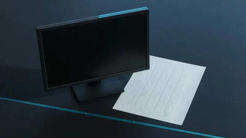 A dark monitor with a blank screen beside a sheet of pale paper on a teal-inlaid desk.