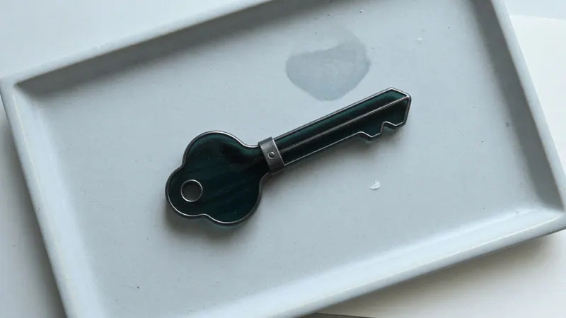 App handover as a glass key on an empty tray — credentials that already belong to the client.