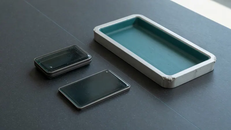 Healthcare app development as two objects on one desk — a small sealed form and a larger teal tray.