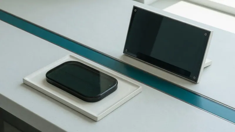 Retail app development as two unmarked objects on one desk — a shopper token and a merchant surface, one teal channel.