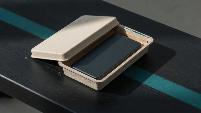 A sealed handset-shaped form on an unprinted tray — the object that App Store submission actually ships.