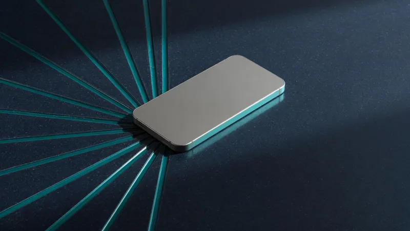 An unmarked phone lying face-down on dark ceramic, teal channels converging toward it.