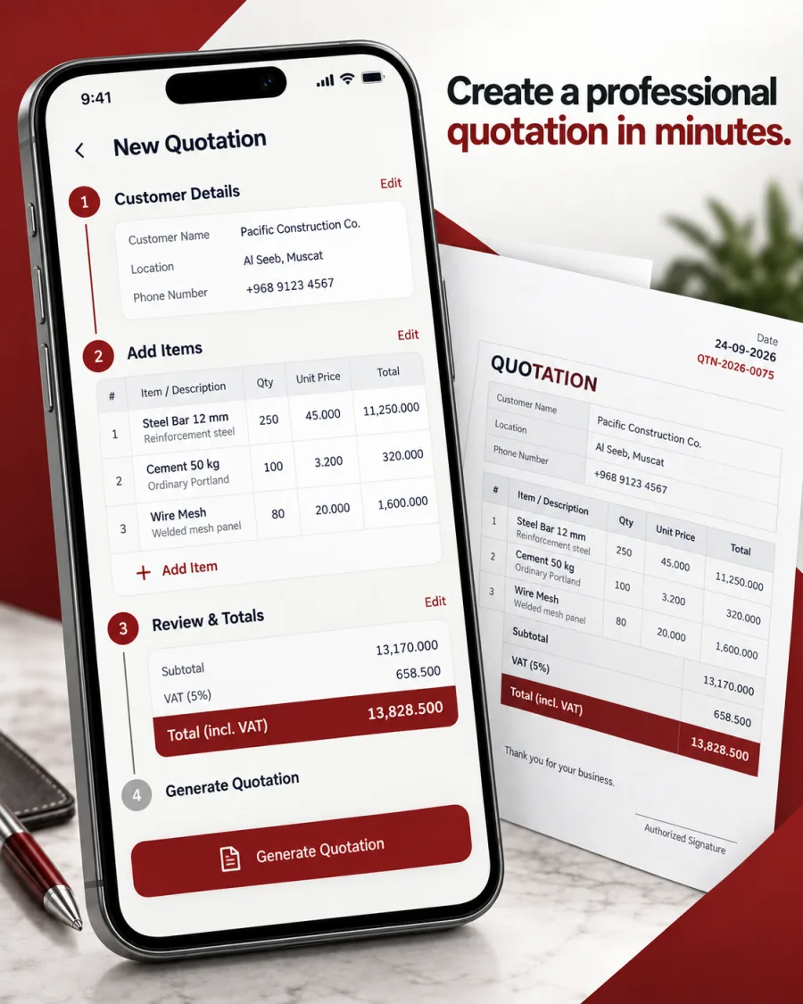 Mobile quotation workflow with customer details, items, tax, totals, and a finished document.