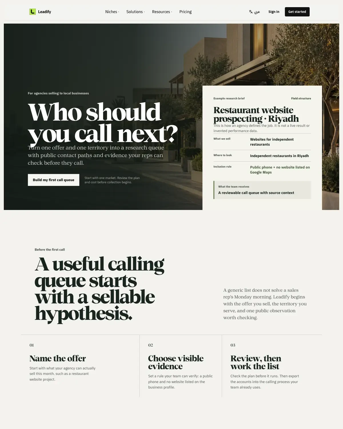 Leadify's live site: turn one offer and one territory into a research queue.