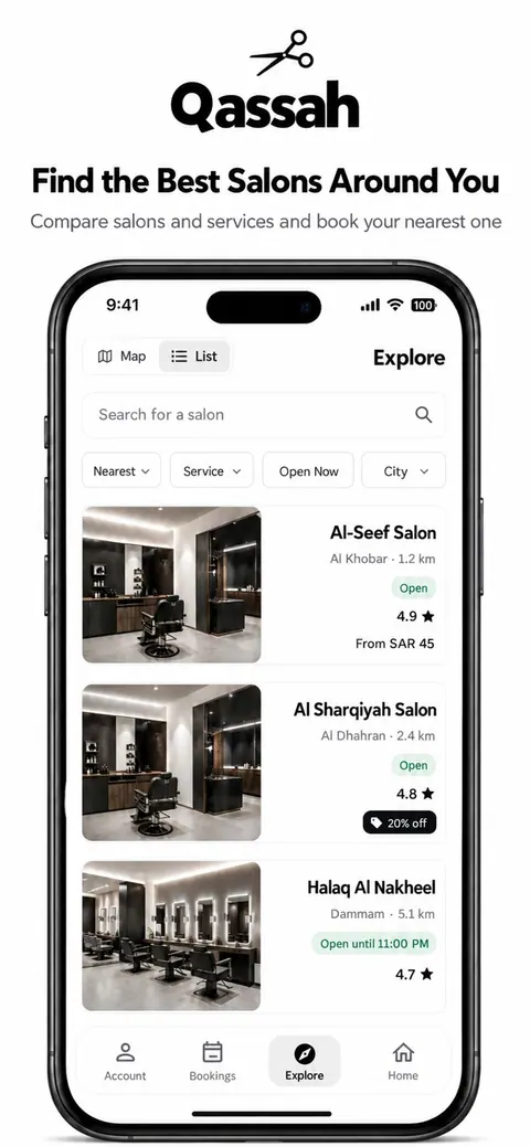 استكشف الصالونات القريبة في قائمة، مصفّاة حسب المدينة أو الخدمة أو المفتوح الآن.