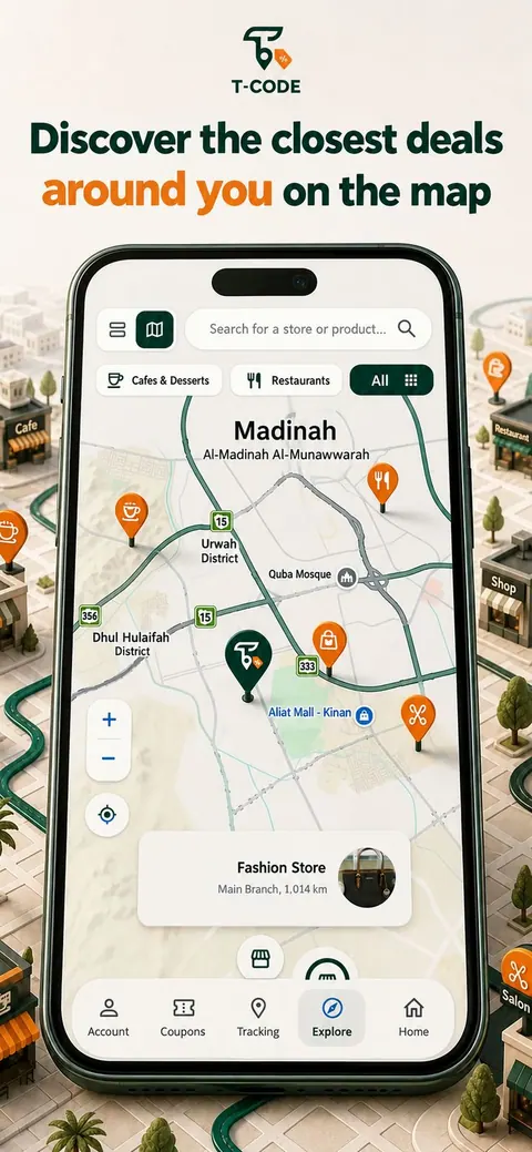 اكتشف المتاجر والعروض القريبة على خريطة مباشرة، بحسب المدينة أو التصنيف.